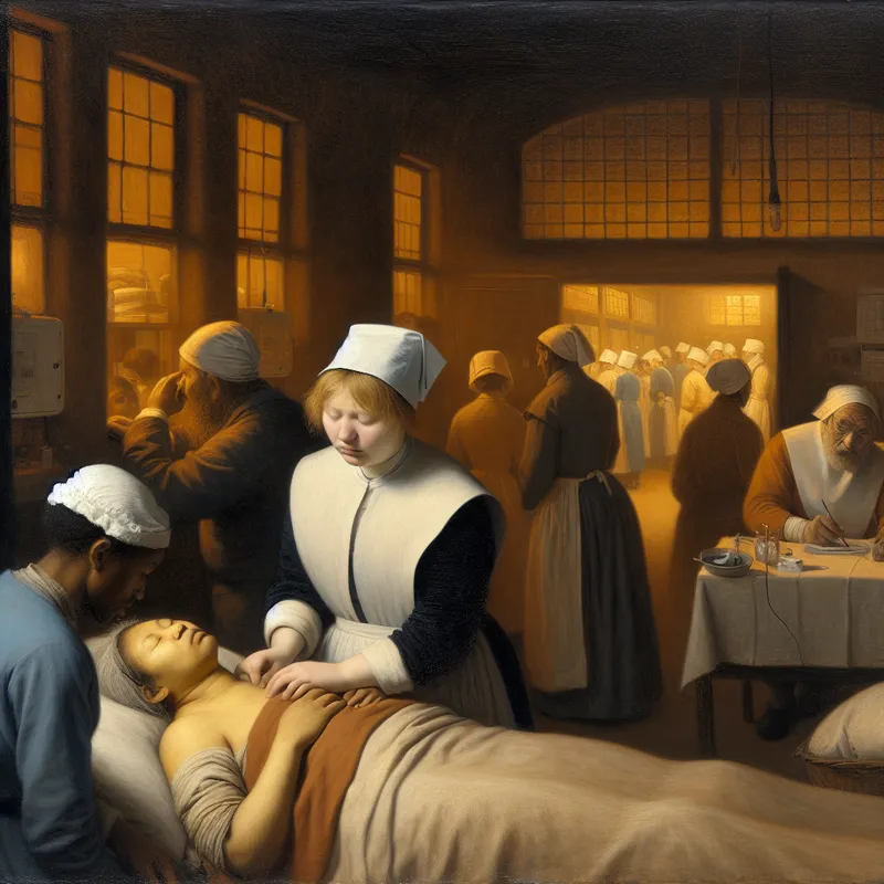 Schilderij in de stijl van Jan Steen van een levendige nachtdienst in een ziekenhuisafdeling, met een vermoeide verpleegkundige die een patiënt verzorgt onder zacht licht