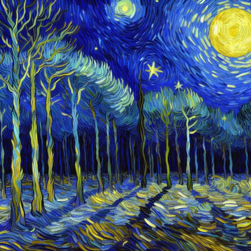 Dichte, maanverlichte nachtelijke bos met absolute stilte in Van Gogh-stijl, bomen en bladeren bevroren in tijd
