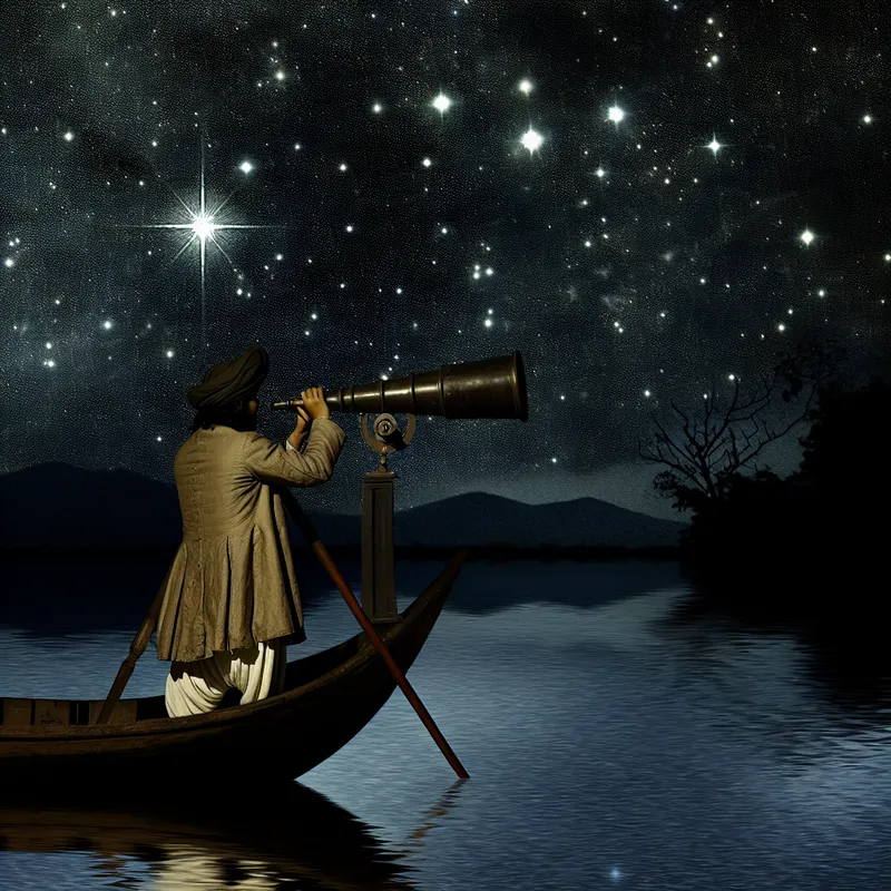 Een astronoom in een houten boot kijkt door een vintage telescoop naar een sterrenhemel met de Noordster zichtbaar.