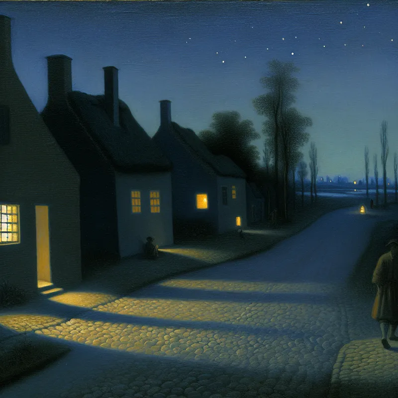 Een rustige straat in de nacht met een figuur die naar huis loopt, verlicht door zacht diffuus licht.