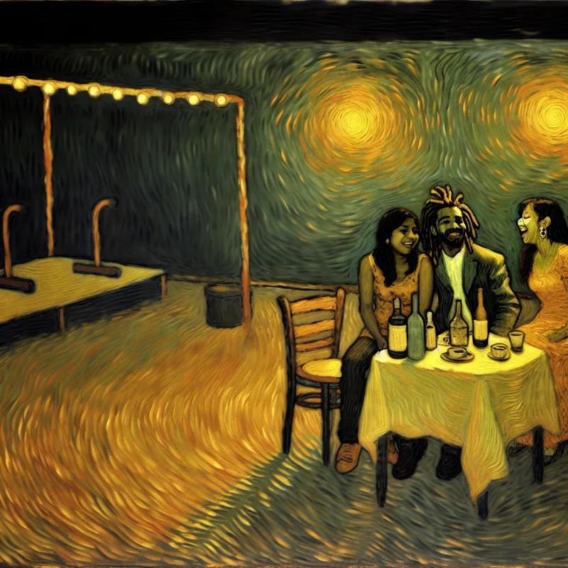 Een intieme nachtelijk feestsfeer met drie vrienden rond een tafel, omringd door zachte, warme lichten.