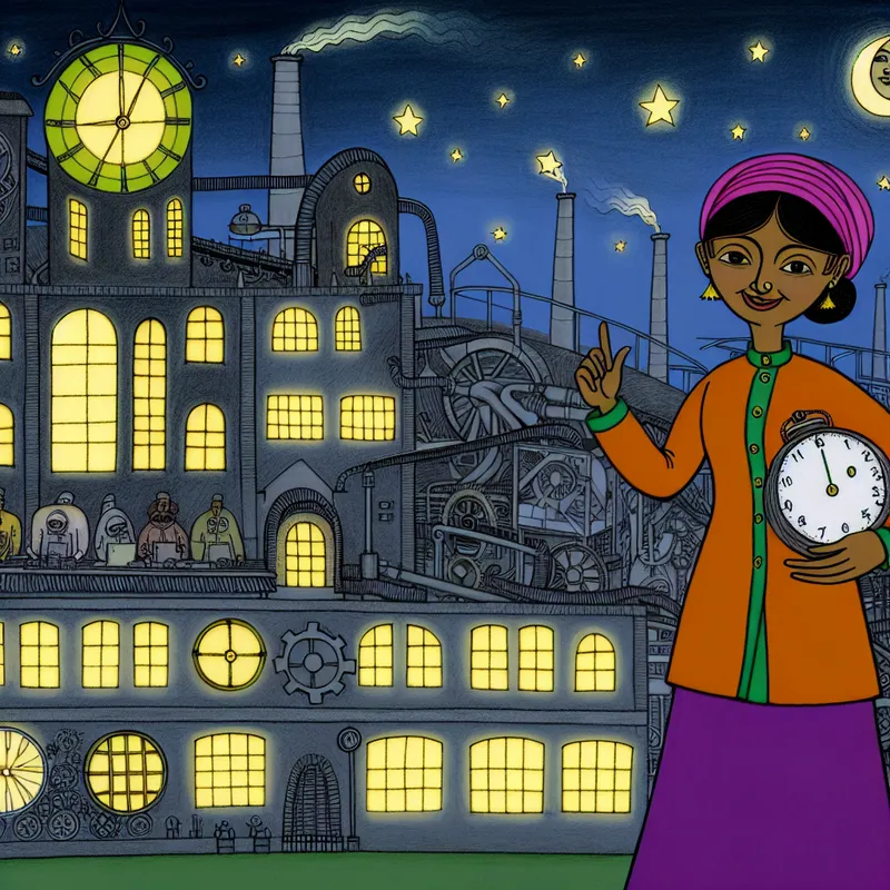 Vrouwelijke fabrieksarbeider in nachtploegendienst met klok en speelse maan, cartoonstijl van Marten Toonder