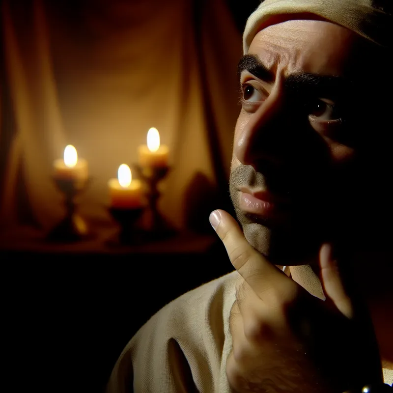 Persoon in een schemerige kamer met hand aan kin, omgeven door kaarslicht en schaduwen, in nadenkende pose.