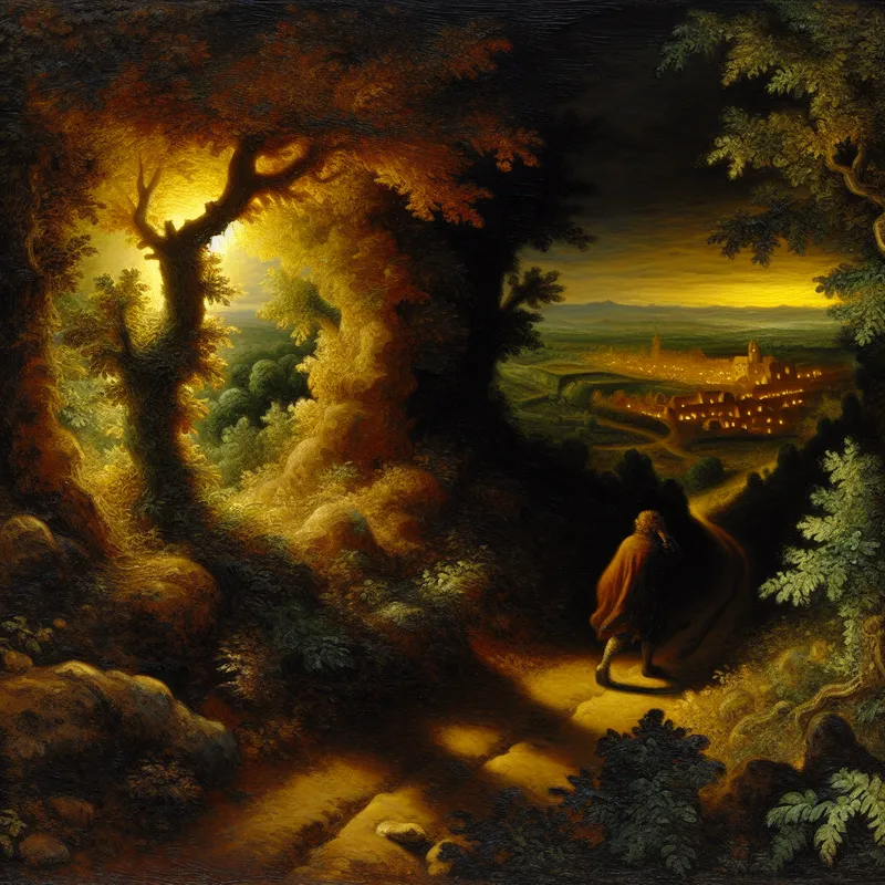 Reiziger op een kronkelend pad bij schemering, verlicht door gouden licht, symboliserend het naderen van een doel of bestemming