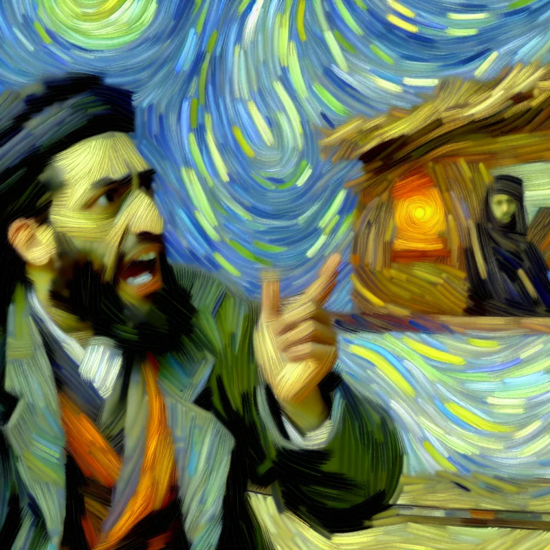 Een persoon in een gesprek met achtergrond van Van Gogh-achtige wervelende kleuren, met nadrukkelijk uitgestoken vinger.