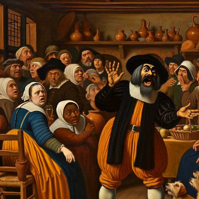 Levendige Nederlandse taverne-scène in de stijl van Jan Steen, waar een expressieve spreker nadruk geeft aan een uitspraak met gebaren en een groep luisteraars