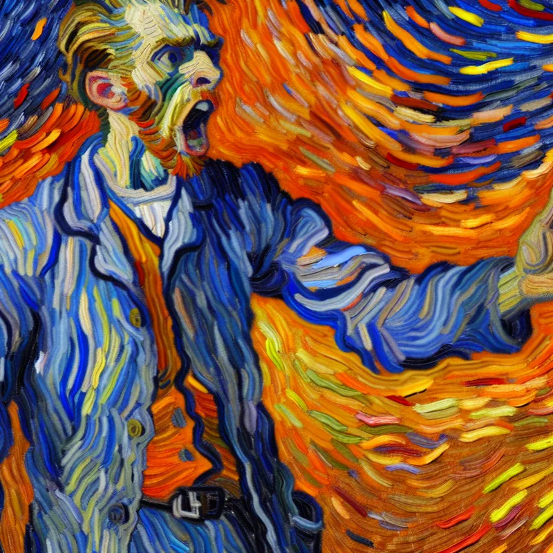 Expressieve persoon die met krachtige gebaren nadruk legt op een uitspraak in Van Gogh-stijl, met zwierige penseelstreken en felle kleuren