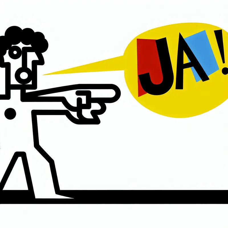 Minimalistische illustratie van een persoon die met nadruk 'JA!' zegt, met een uitgestrekte arm en expressieve lichaamstaal in de stijl van Dick Bruna