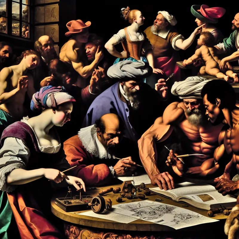 Barokke scène met figuren die documenten en kaarten zorgvuldig onderzoeken met vergrootglas en wetenschappelijke instrumenten, symbool voor het nagaan van feiten en mogelijkheden