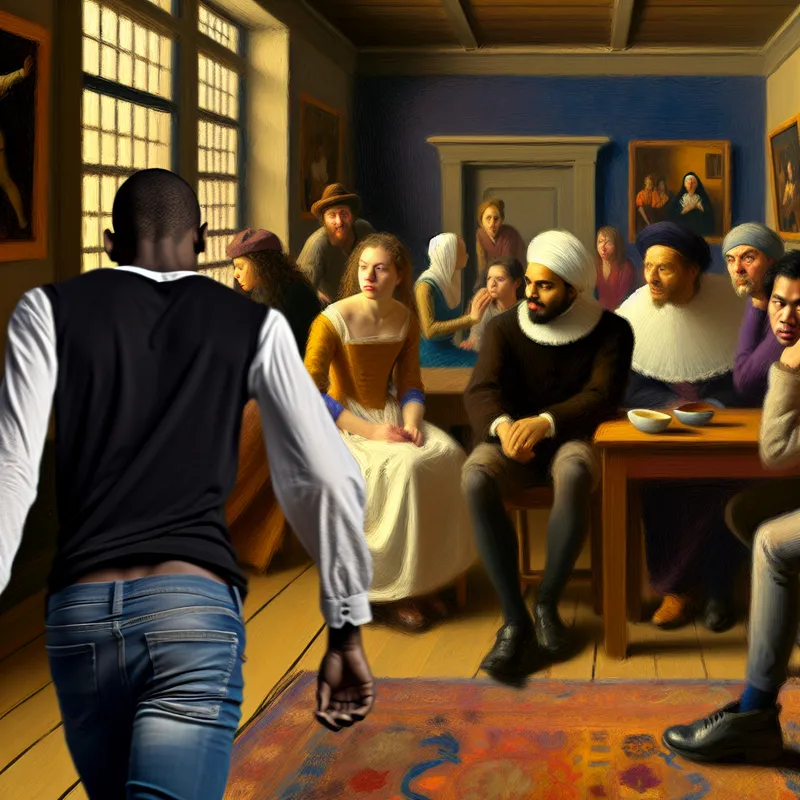 Schilderij in de stijl van Frans Hals van een persoon die een kamer verlaat zonder afscheid te nemen, met verbaasde en teleurgestelde gezichten van achterblijvers