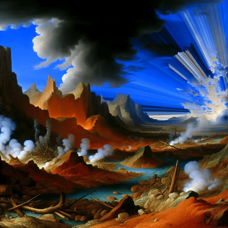 Dramatisch tafereel van de nasleep van een krachtige explosie in een levendig landschap met rook en puin.