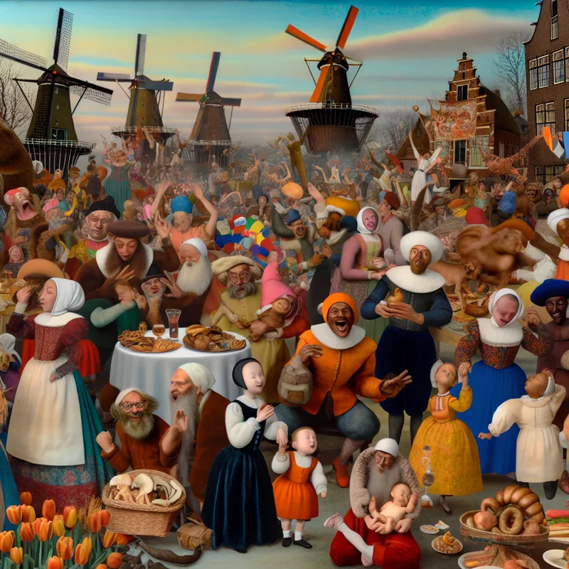 Een levendige Nederlandse viering met mensen in traditionele kleding, die deelnemen aan feestelijke activiteiten.