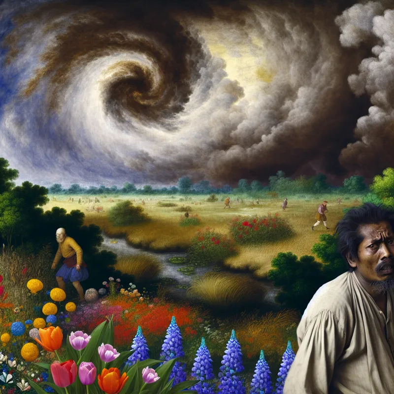 Een persoon met een bleke gelaatsuitdrukking, gebukt over een chaotisch veld vol wilde bloemen, met een stormachtige lucht op de achtergrond die een gevoel van onbehagen uitstraalt.