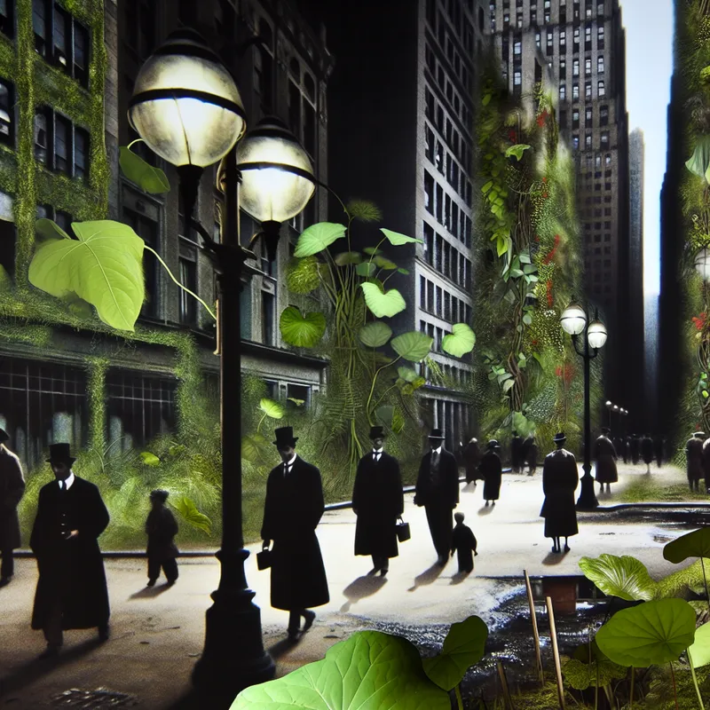 Gothische stadsstraat overwoekerd door weelderige groene planten en klimop, geïnspireerd op het werk van Félicien Rops