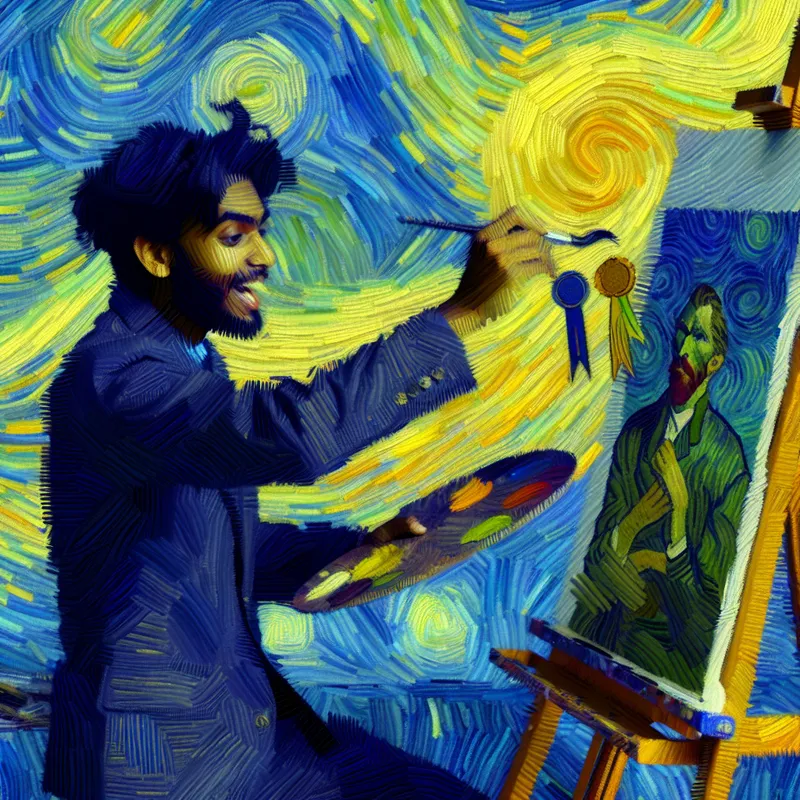 Jonge kunstenaar met natuurlijk talent schildert intensief in een zonnige studio in Van Gogh-stijl, omringd door zwevende onderscheidingen