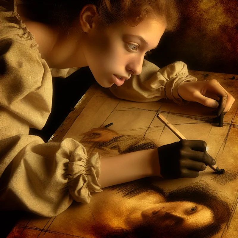 Jonge vrouw met natuurlijk talent tekent een portret met houtskool in Rembrandt-stijl, omringd door dramatisch licht en schaduw