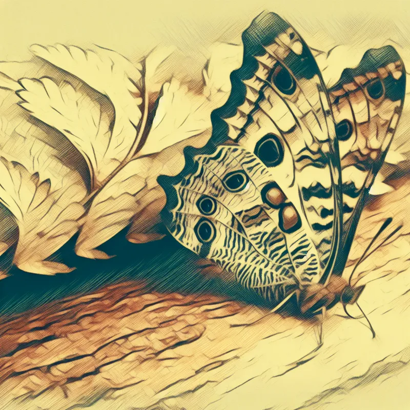 Dichtbij van een vlinder met ingewikkeld natuurlijk patroon op vleugels, rustend op houten oppervlak met organische nerfstructuur