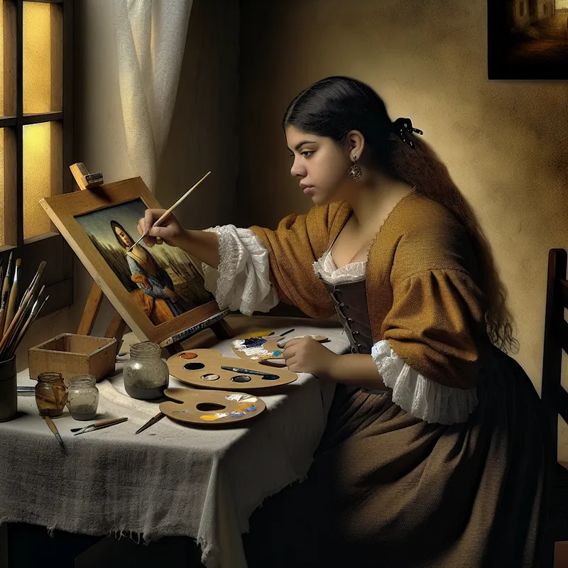 Jonge vrouw met natuurlijke aanleg voor schilderen, gefocust aan het werk in een serene Vermeer-achtige setting met zacht licht en gedetailleerde texturen