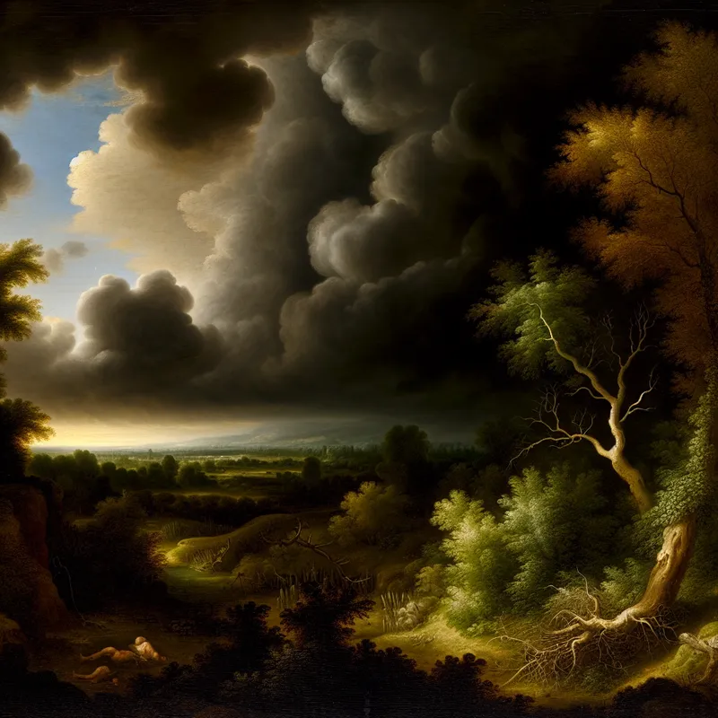 Een wilting boom met verwelkte bladeren tegenover groene bomen en een dramatische lucht, wat de gevolgen van verwaarlozing weergeeft.