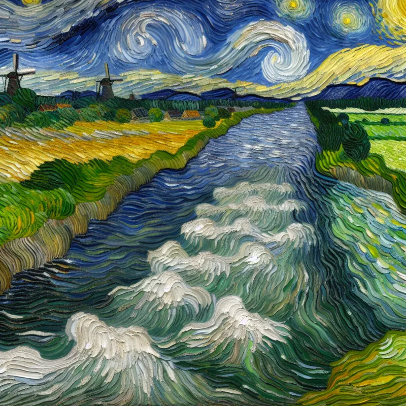 Schilderij in Van Gogh-stijl van een rivier als natuurlijke grens tussen Nederlandse velden met windmolens en Duitse heuvels en bossen