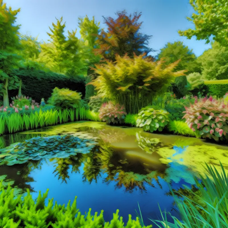 Een serene tuin met een natuurlijke vijver omgeven door weelderige planten