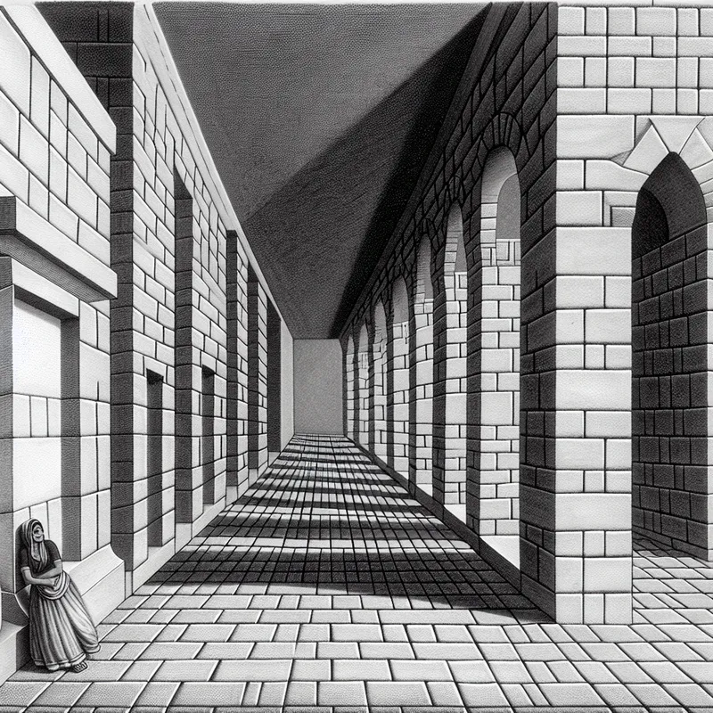 Surrealistisch straatje in de stijl van M.C. Escher met nauwe, convergerende muren en een persoon die zich door de krappe ruimte wurmt