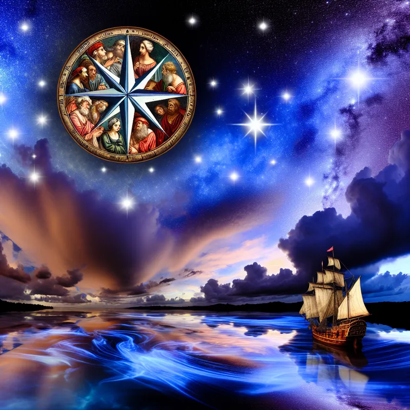 Nachtschoonheid met sterrenhemel en Poolster boven kalme zee en een houten schip