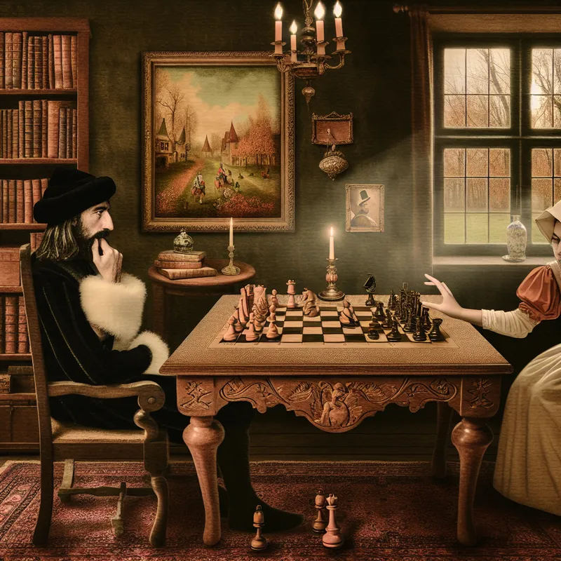 Verdrietige schaakspeler aan houten tafel met omgevallen koning op schaakbord, symboliserend een nederlaag in nostalgische setting