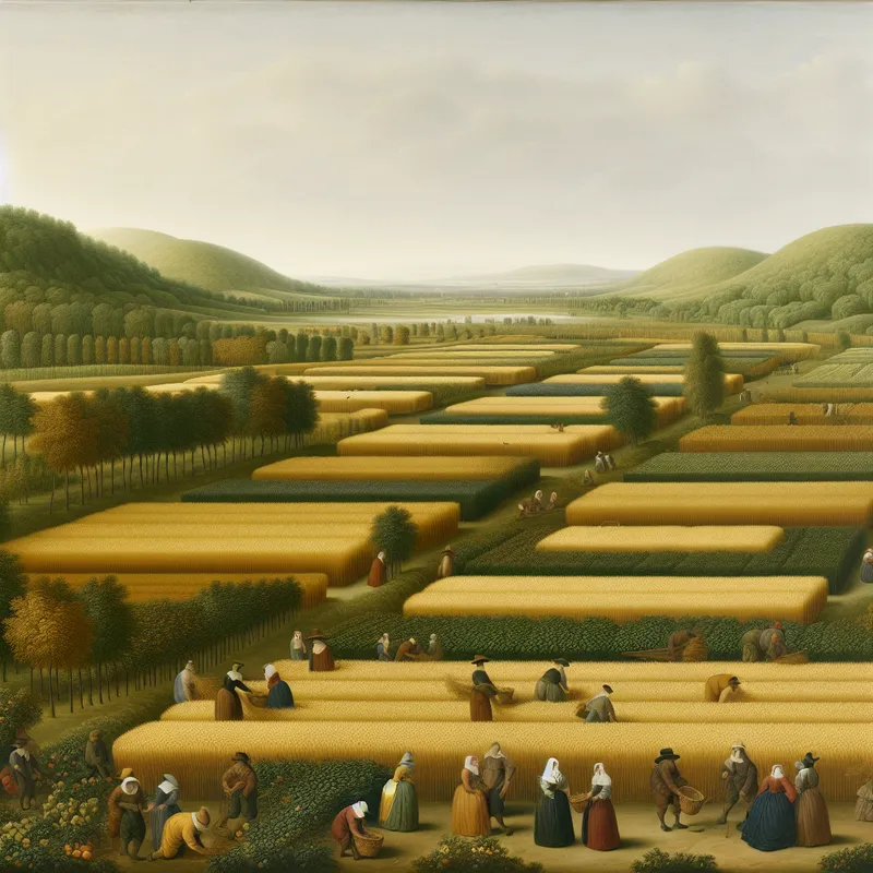 Uitgestrekt vruchtbaar Nederlands landschap met landbouwactiviteiten in een vallei, geschilderd in de stijl van Gerard ter Borch