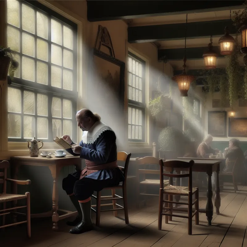 Een midden-aged man in traditionele Nederlandse kleding zit in een café, drinkt koffie en leest een boek.