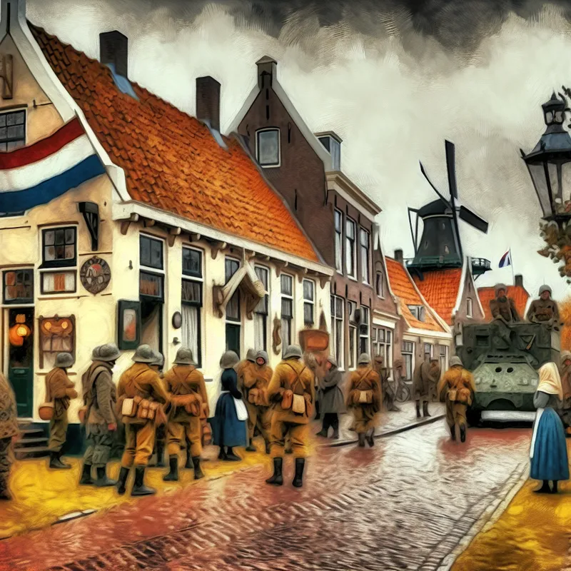 Dutch dorp onder bezetting tijdens de Tweede Wereldoorlog met soldaten, een militaire voertuig en een traditionele windmolen in nostalgische Anton Pieck-stijl