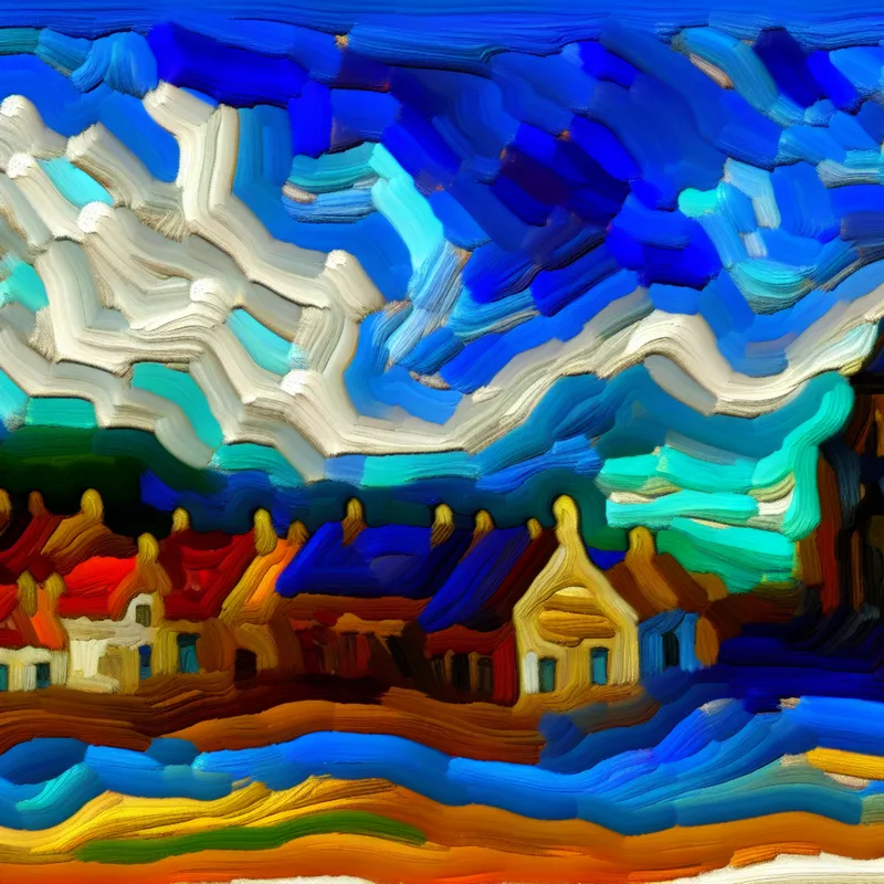 Abstract expressionistisch schilderij van een Nederlands dorp onder een transparante blauwe zee, illustrerend het concept 'lager dan iets in ruimte of niveau'