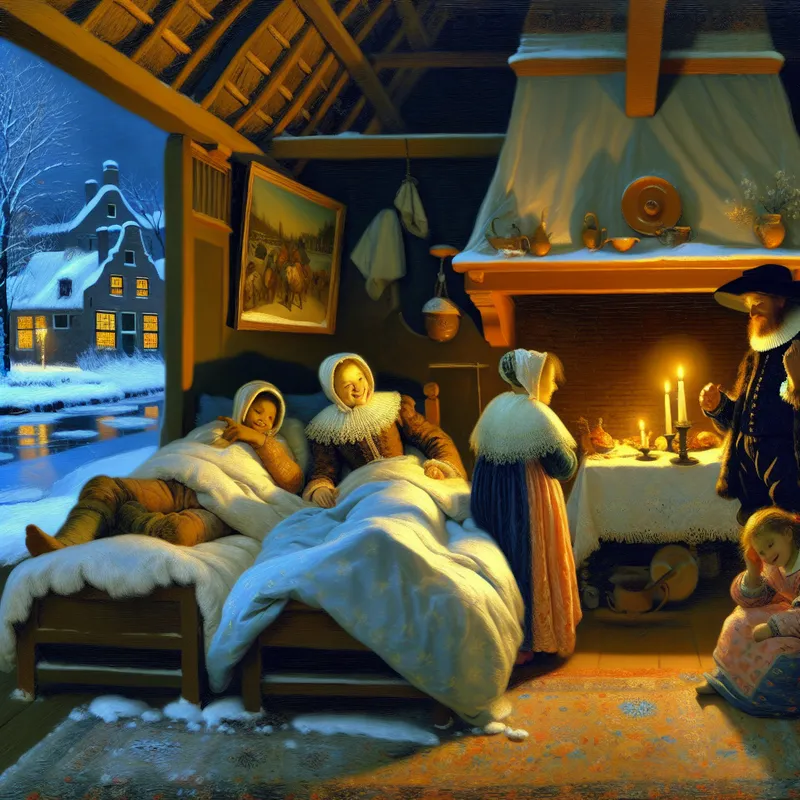 Serene winterse scène van een harmonieus Nederlands gezin in een knusse kamer, met een vredige sfeer en rust na eerdere onenigheid