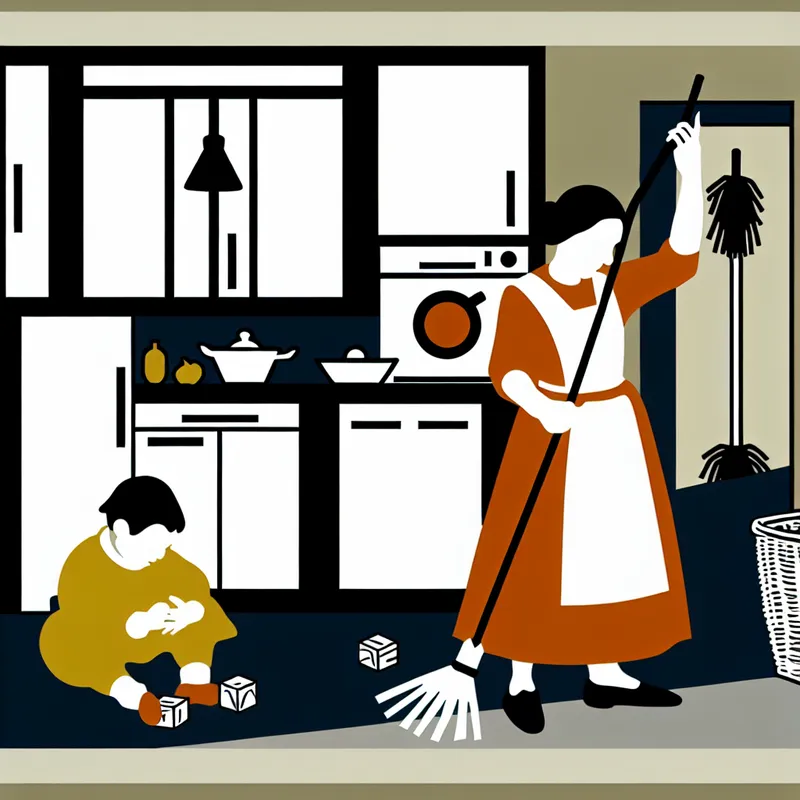Minimalistische illustratie van een moeder die de vloer veegt terwijl haar kind met blokken speelt in een gezellig Nederlands huishouden, in de stijl van Dick Bruna