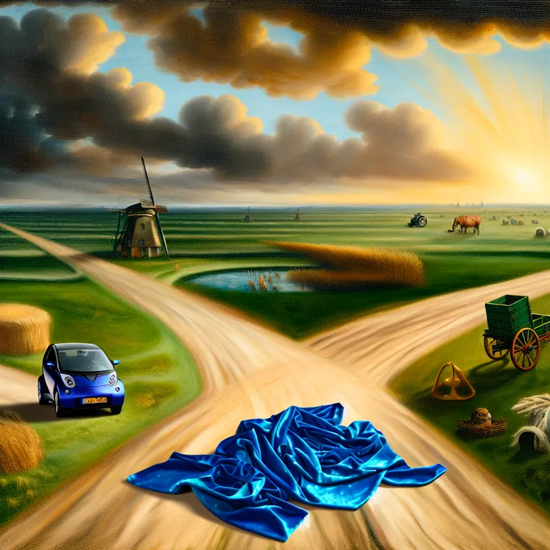 17e-eeuws Nederlands landschap met kruispunt en symbolische keuzes zoals zuinig rijden, blauwe stof en een boerenkar, ter illustratie van opties