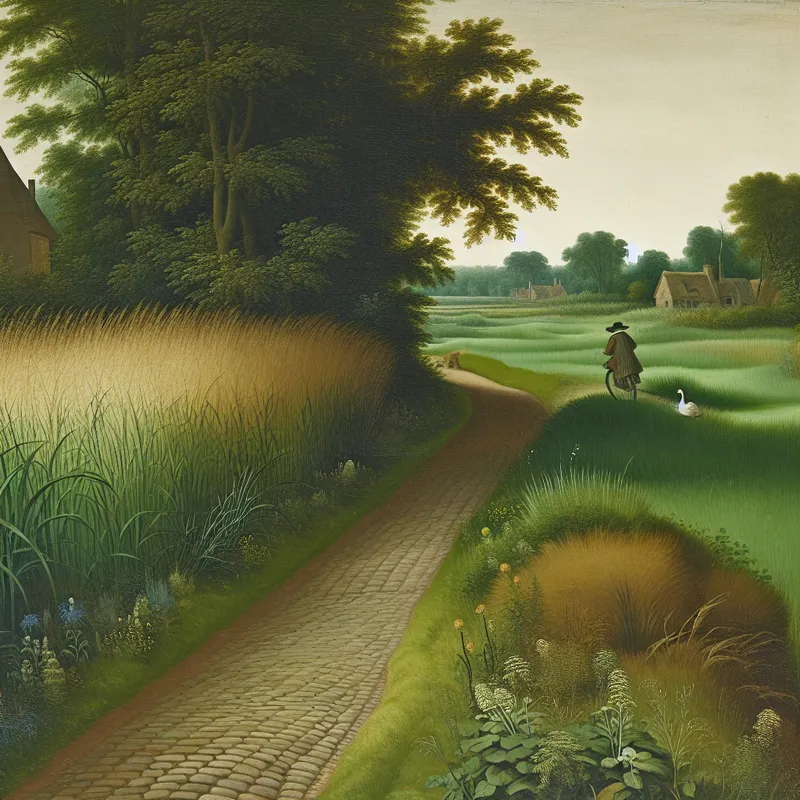 Landelijk weggetje met een fietser in historische kleding, omringd door groene weilanden en wilde bloemen, leidend naar een traditioneel Nederlands boerderijtje met rieten dak