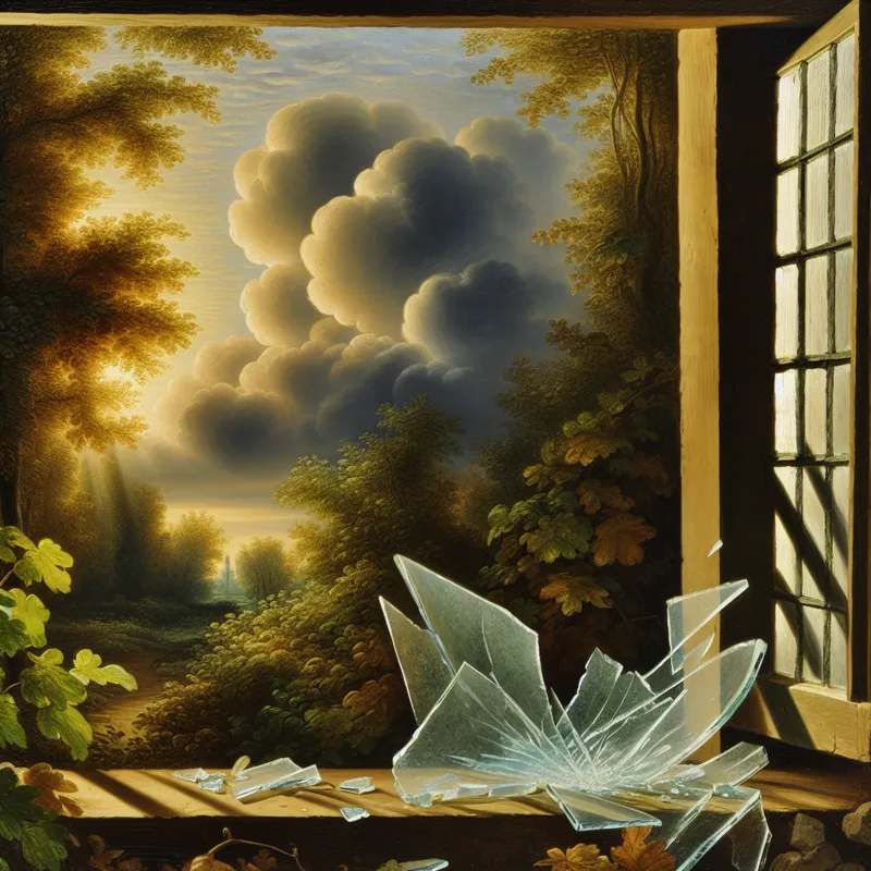 17e-eeuws Nederlands landschap met gebroken raam als aanwijzing, geschilderd in de stijl van Jacob van Ruisdael