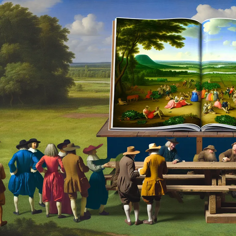 Een levendig tafereel van een groep mensen die rondom een magazine in een schilderachtig Nederlands landschap zitten, met een blauwe lucht en groene heuvels op de achtergrond.