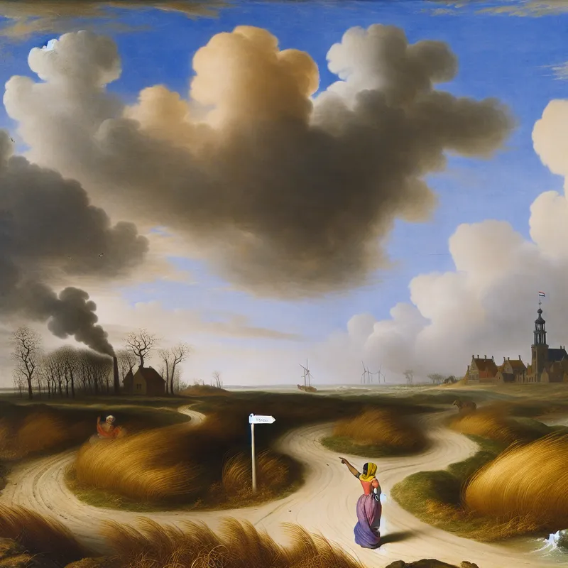 17e-eeuws Nederlands landschap met persoon die richting aangeeft naar dorp met kerk, symboliserend een keuze in richting