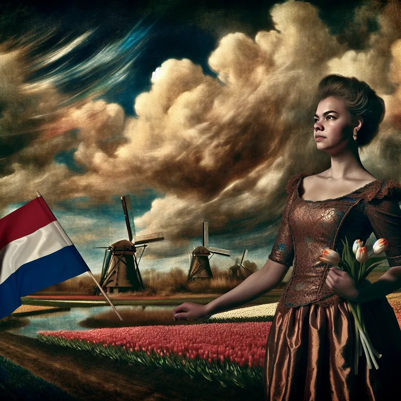 Een jonge vrouw houdt de Nederlandse vlag vast in een majestueus landschap met windmolens en tulpenvelden onder een dramatische lucht.