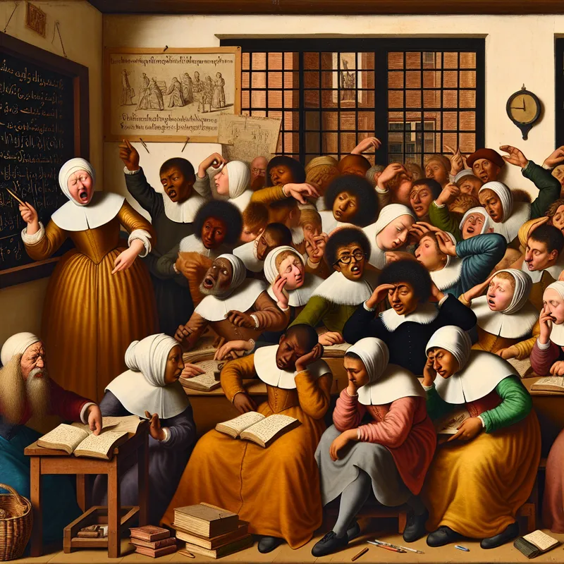Levendige klaslokaalscène in de stijl van Jan Steen met een leraar die uitleg geeft en leerlingen die de uitleg al dan niet begrijpen