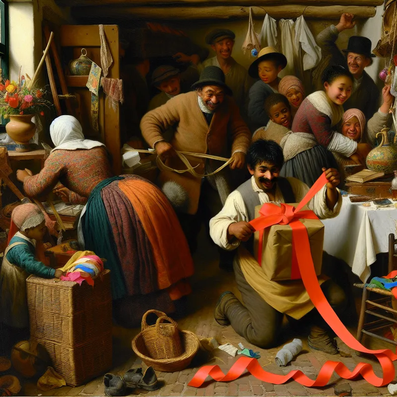 Druk maar gezellig Nederlands huishouden met persoon die een rood lint om een cadeau bindt in de stijl van Jan Steen