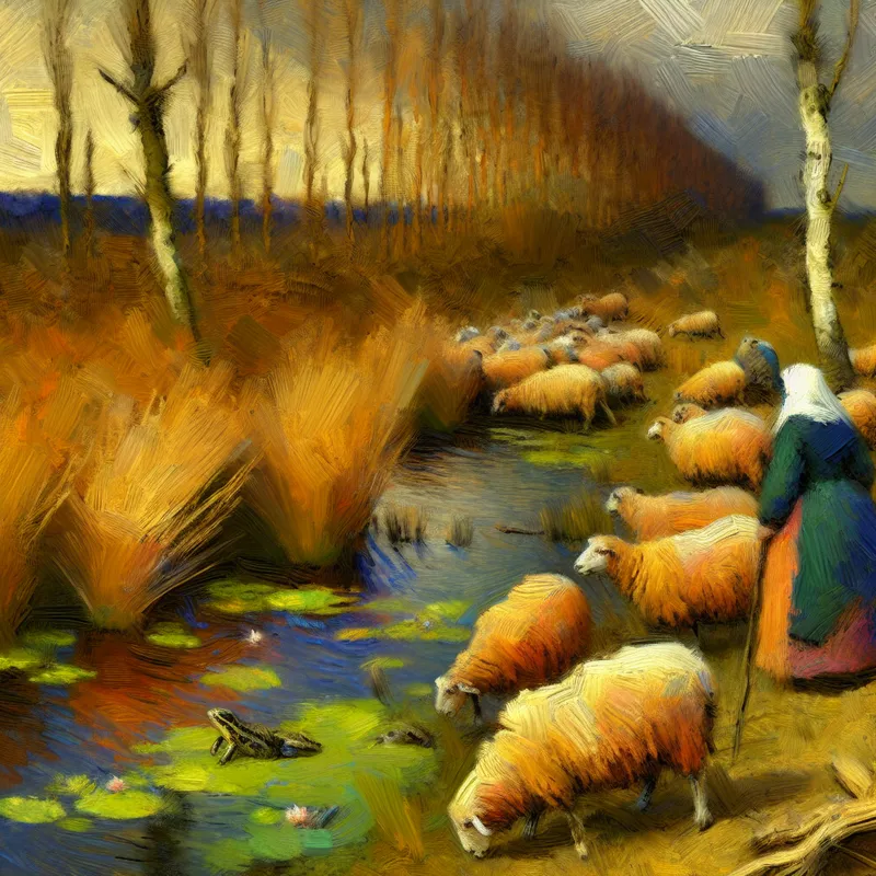 Vrolijk wetlands tafereel met grazende schapen, riet en kikkers in de stijl van Frans Hals