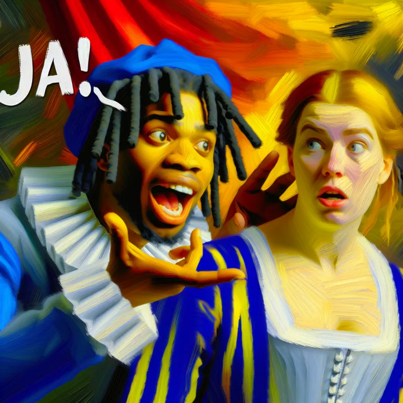 Schilderij in de stijl van Frans Hals met twee personen, waarbij één persoon met nadruk wijst en een expressief gezicht trekt om het woord 'ja' te benadrukken in een Nederlandse zin