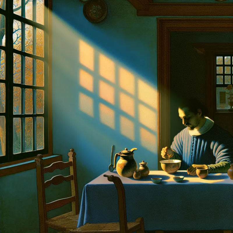 Stille ochtendscène in Nederlandse stijl met persoon die koffie inschenkt bij zacht ochtendlicht