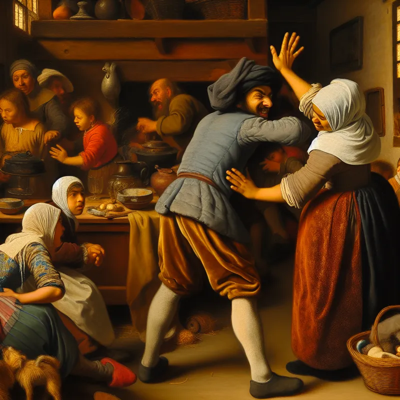 Druk Nederlands huishouden met iemand die 'Niet' zegt en ontkennend het hoofd schudt als antwoord op een vraag