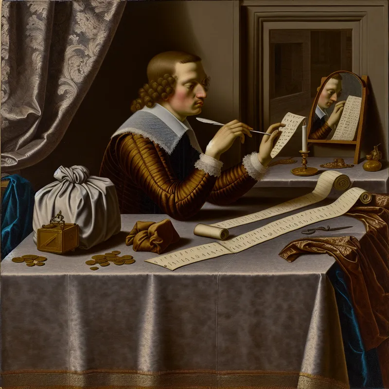 17e-eeuws Nederlands interieur met persoon die zorgvuldig een beslissing overweegt, omringd door symbolen van overweging zoals een geldbuidel, brief en kasboek