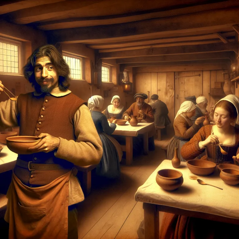 Gezellige eenvoudige restaurantinterieur met hartelijke gasten en een ober die eenvoudige, stevige gerechten serveert in warme, aardse stijl van Jan Steen