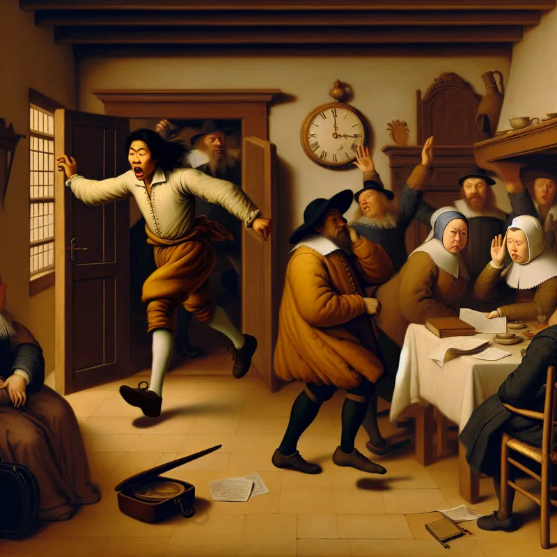 Chaotisch Nederlands huishouden in de stijl van Jan Steen, waarin iemand gehaast en gefrustreerd binnenkomt terwijl anderen wantrouwend reageren, illustrerend het spreekwoord over onbetrouwbaarheid door te laat komen