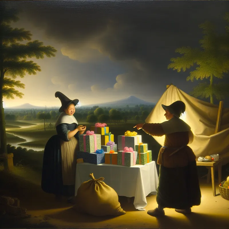 Twee personen in een 17e-eeuws Nederlands landschap wijzen naar cadeaus en een lege canvas tas, terwijl ze vragen voor welk object of persoon iets bedoeld is